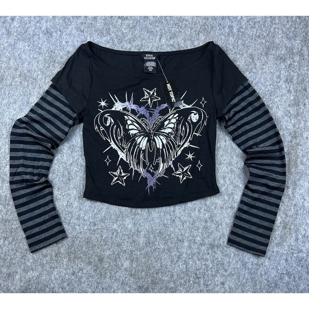 Social Collision Women's Cropped Graphic T-Shirt Stripe Sleeve Gothic Size M